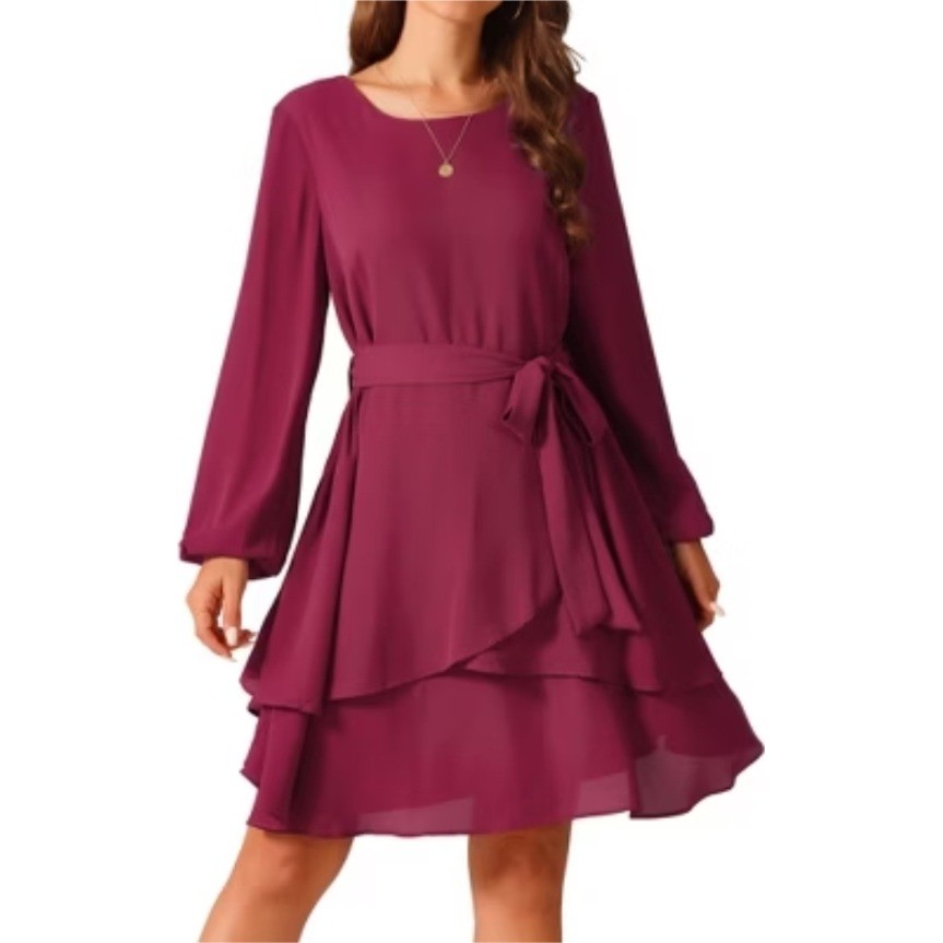 Seta.T Long Sleeve Tiered Ruffle Dress Tie Waist Burgundy Mini Dress NWT