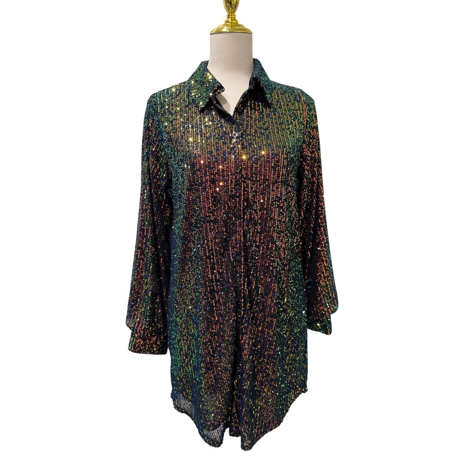 Jodifl Womens Iridescent Sequin Button Down Shirt Dress Multi-Color Small New