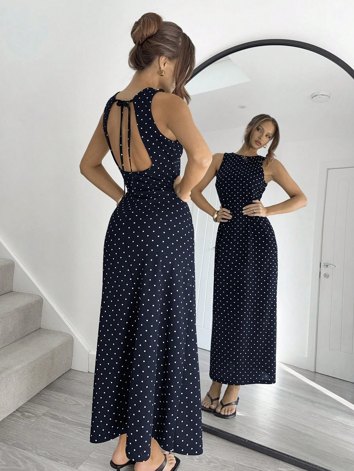 Elegant Women’s Open Back Polka Dot Print Long Dress