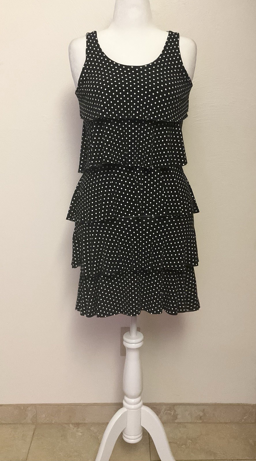 Elementz Petites Sleeveless Black White Polka Dot Rufffle Tier Dress Size PM
