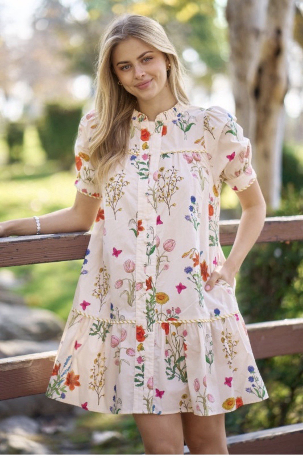 Women’s Ivory Multicolor Floral Babydoll Puff Short Sleeve Ruffle Mini Dress S