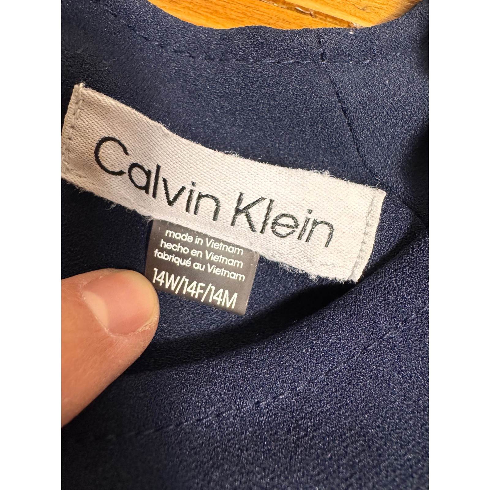 Calvin Klein Navy Puff Sleeve Belt Tie Waist Midi Dress Size 14W Altered Hem