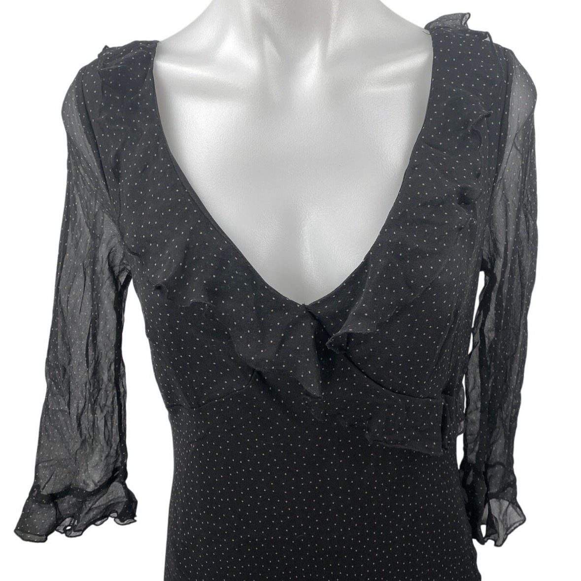 Jonathan Martin 100% Silk Black Polka Dot Ruffle V-neck Midi Bodycon Dress Sz 10