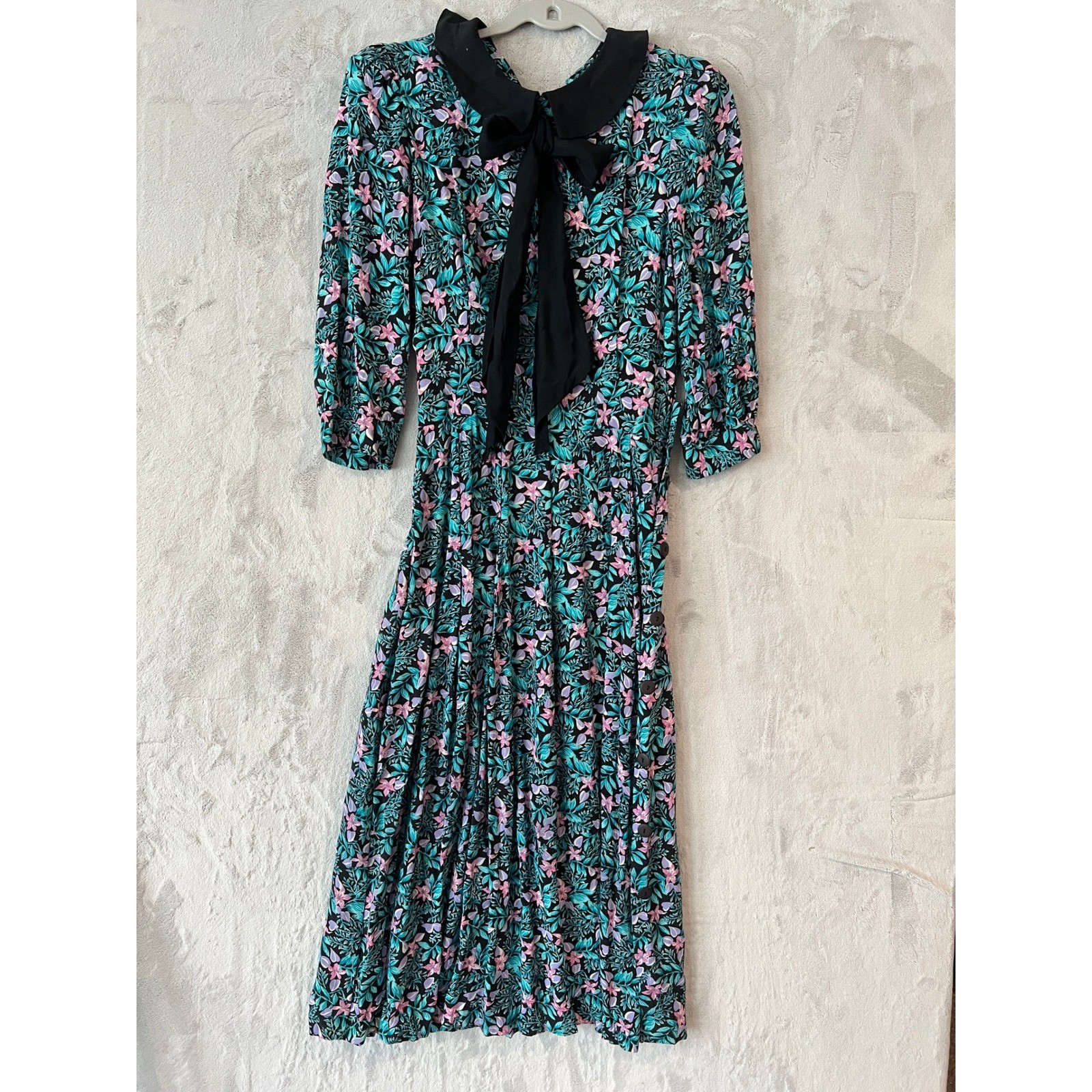 Jane Singer Floral Dress Black Bow Tie Collar Midi Pleated Skirt Size 6