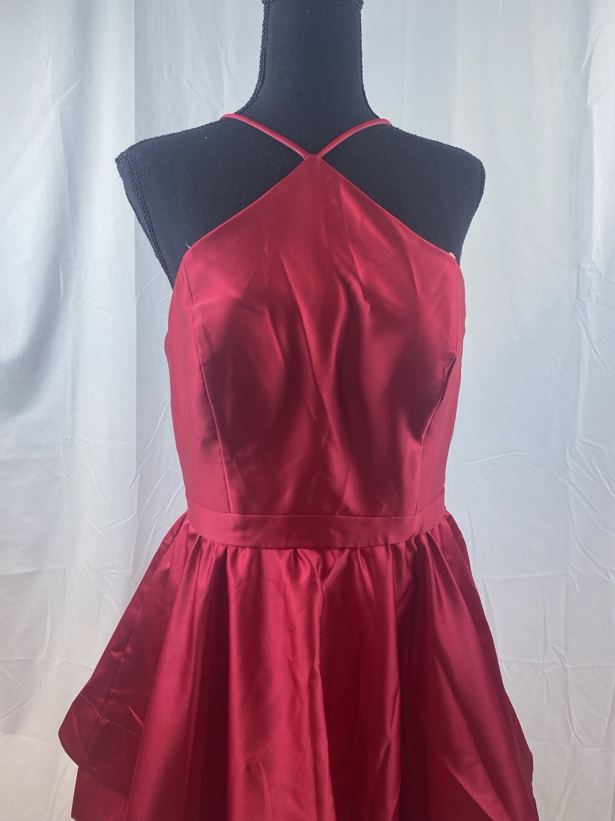 Blondie Nites Juniors Size 9 Red Y Neck Red Satin Fit N Flare Mini Dress Pockets
