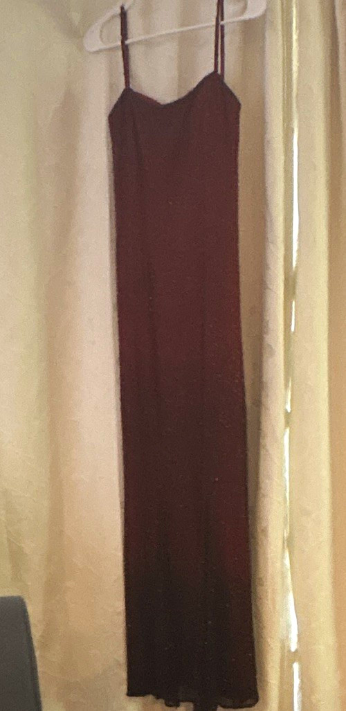 K Burgundy Beaded Glitter Sweetheart Spaghetti Strap Long Gown Dress 8