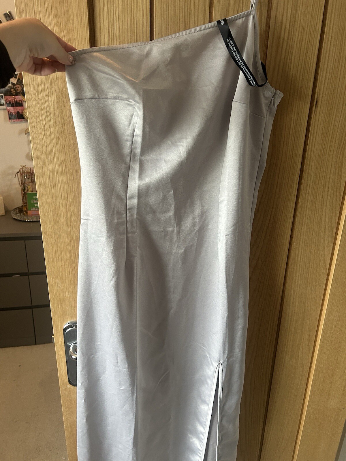 Extro & Vert Tall One Shoulder Maxi Dress With Split Stone Grey Satin – UK 10