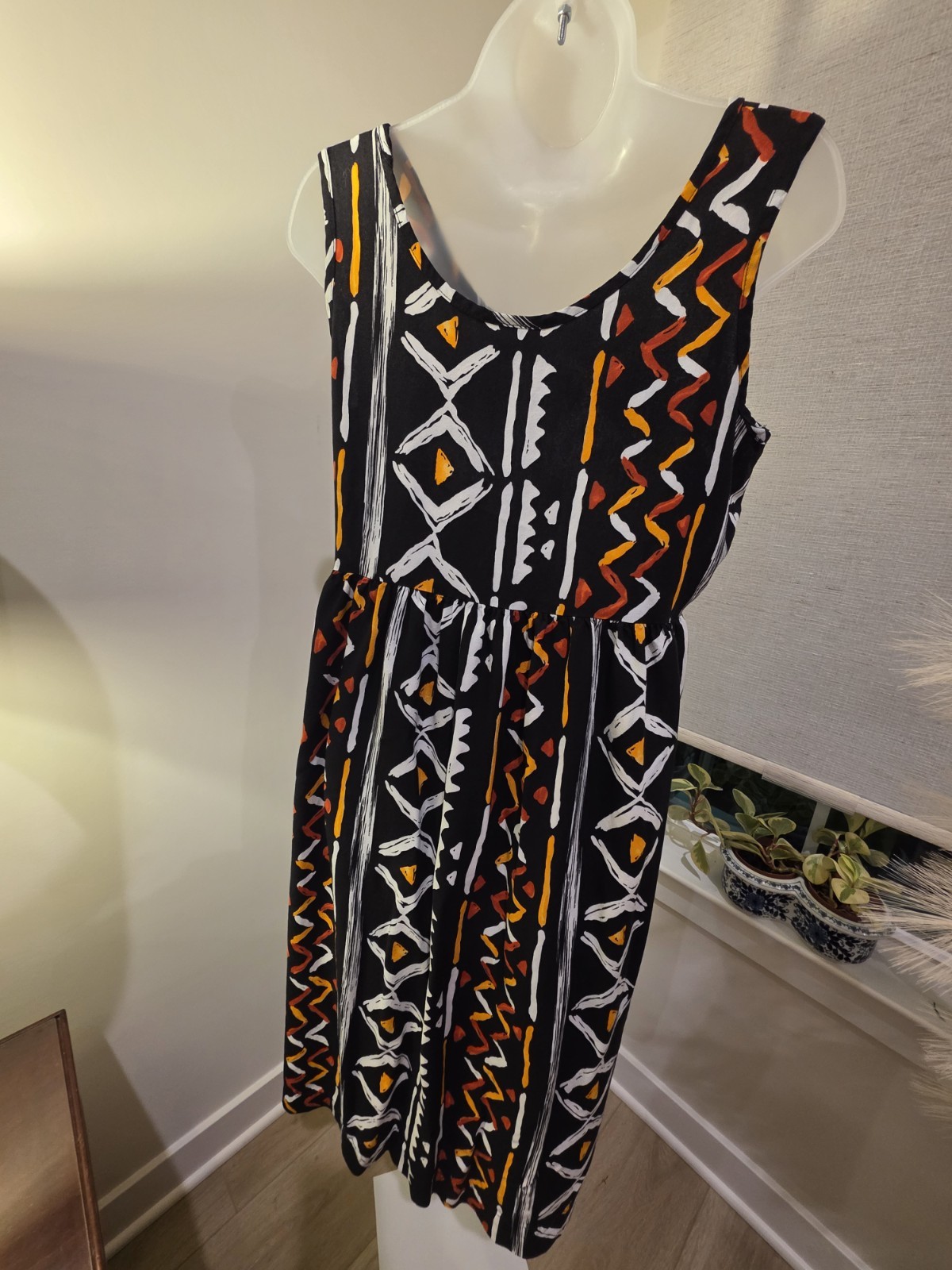 Midi Sun Dress Black Orange White Geometric Print Sleeveless M VTG