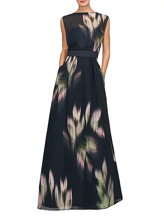 Kay Unger Black Green Tess Chiffon Leaf A-Line Gown Size 6 $398