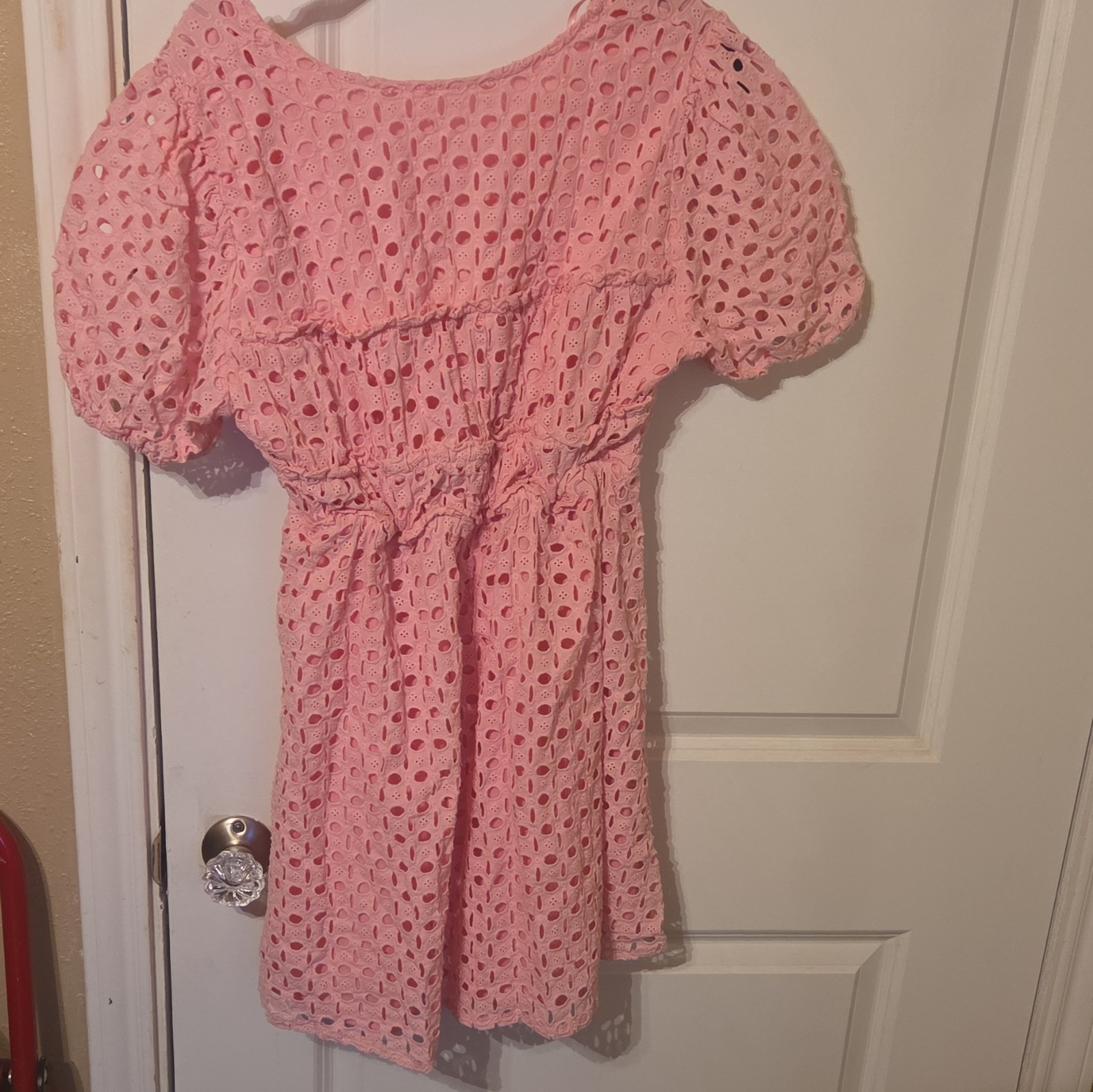 Womens Pink Solid Eyelet Fit & Flare Dress Puff Sleeve V-Neck Short Sz M