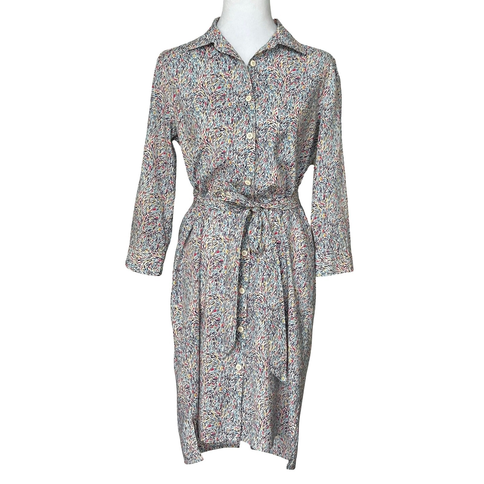 0039 Italy NWOT Multicolor Belted Shirt Dress Sz S Designer Brunch Preppy Money