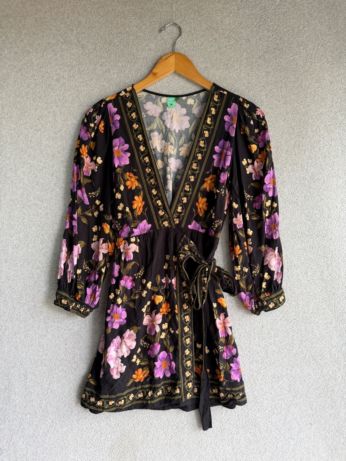 Farm Rio Brazil Dress Womens P Petite Black Floral Wrap Boho Feminine