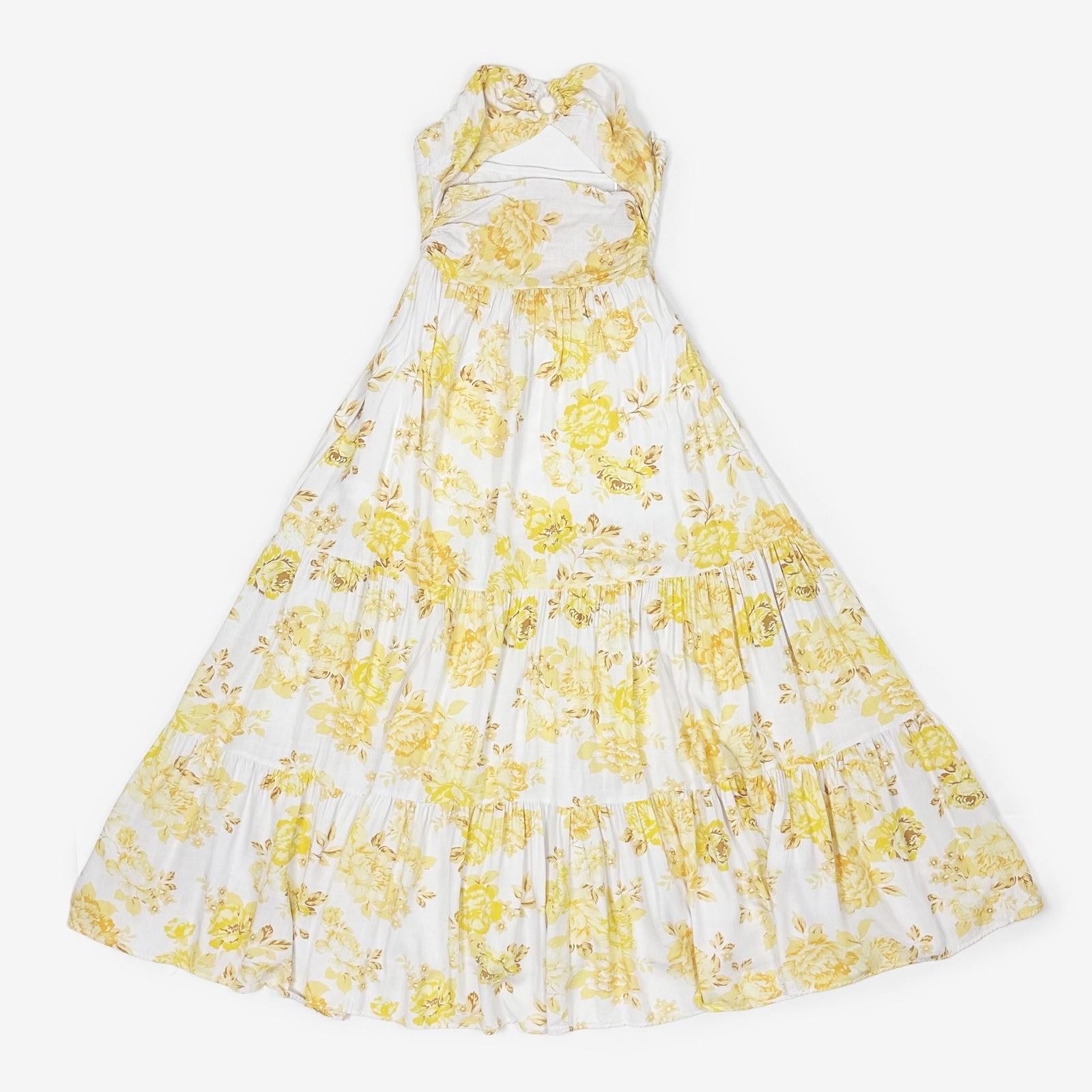 All About May Strapless Maxi Dress Size 4 White Yellow Floral Cutout Tiered