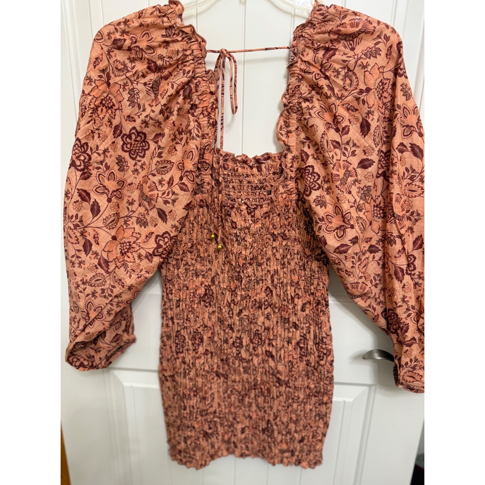 Free People Apricot Combo Mini Dress Floral Long Sleeve Smocked Ruffle Large