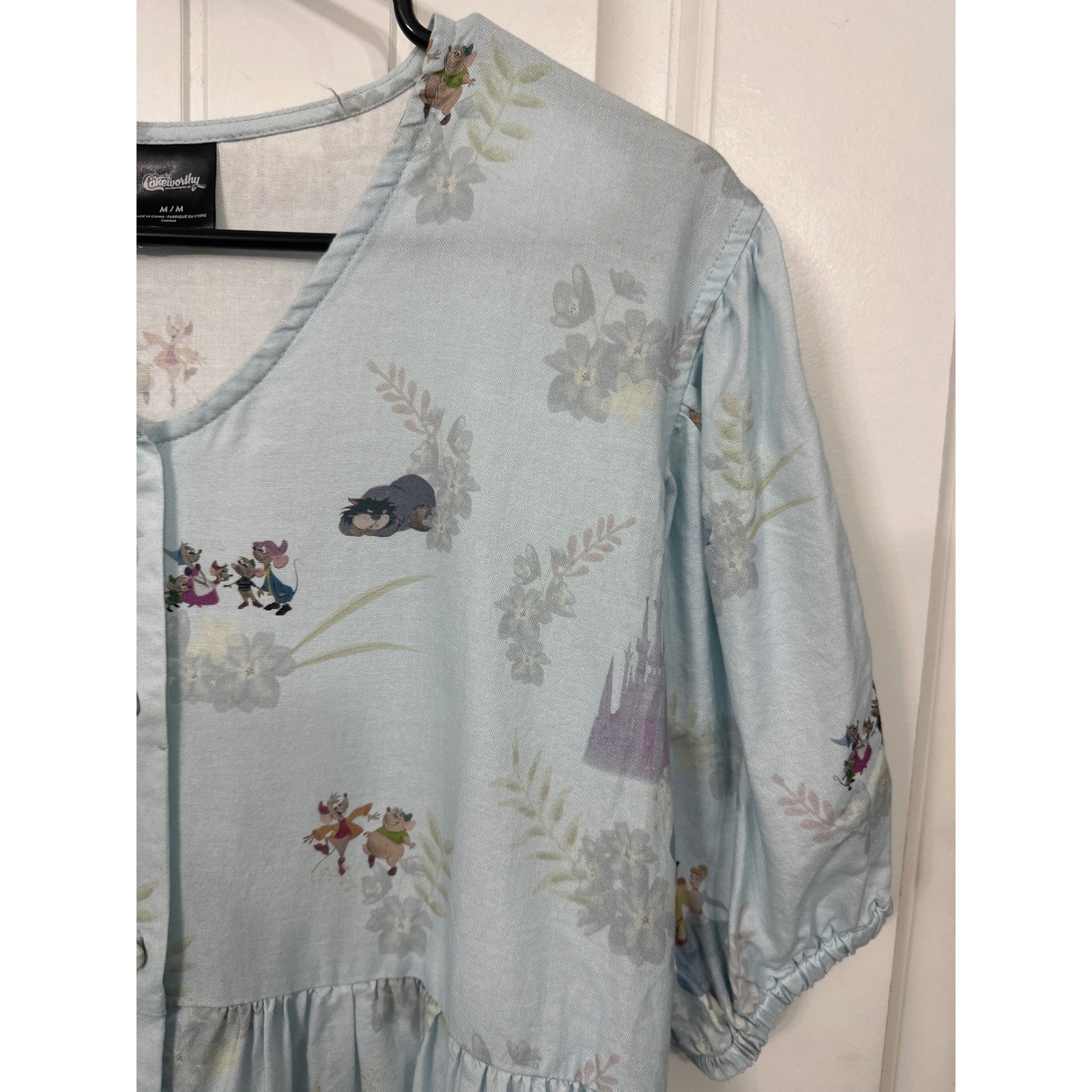 Disney Cakeworthy Cinderella Blue Babydoll Dress Button Front Puff Sleeve Medium