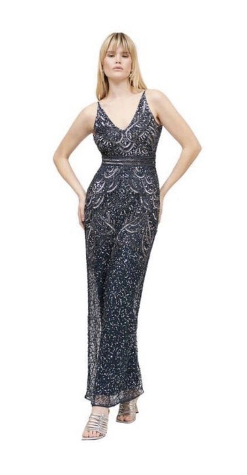 BEAUUT Navy Silver Beaded Sequin Art Deco Sheath Dress NWT V-Neck Long Size 8