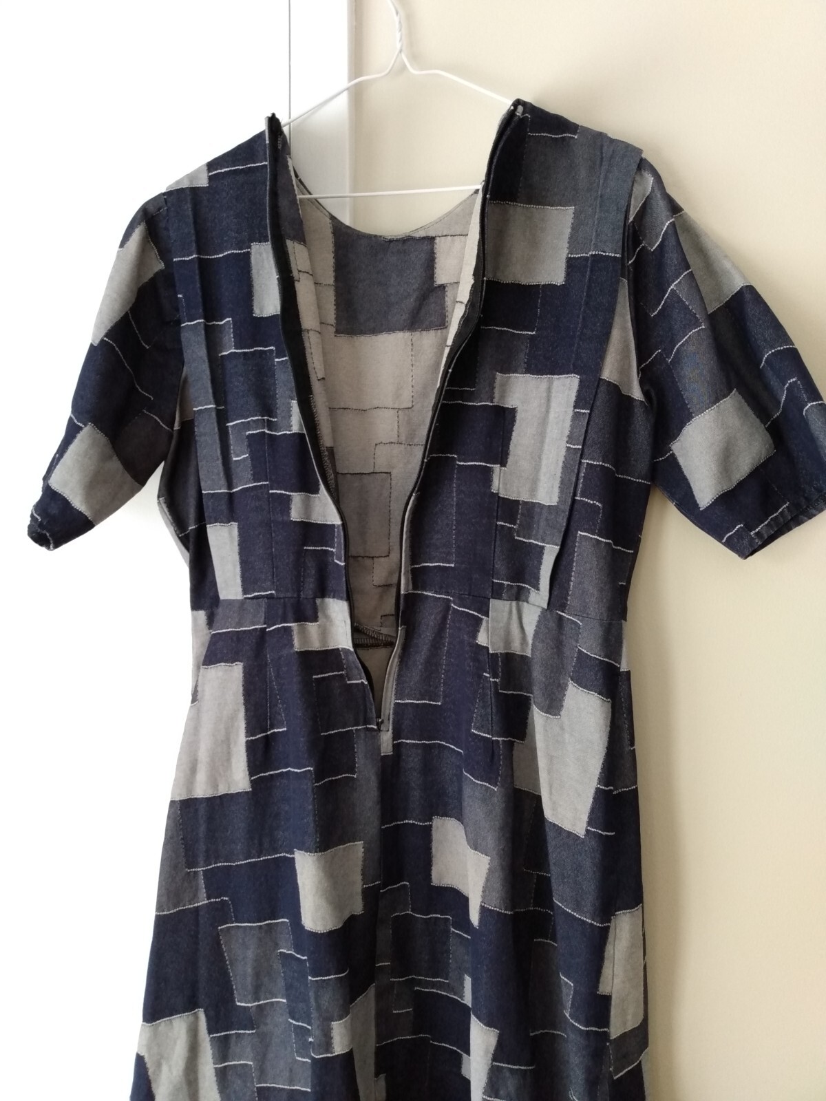 Handmade Denim Jean Patchwork Dress Plus Size 44.5″B 34″W Amish Mennonite Cape