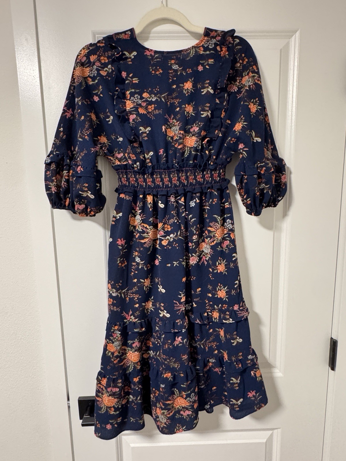 Max Studio Floral Print Ruffle Dress Navy Blue Smocked Waist Midi size M/L
