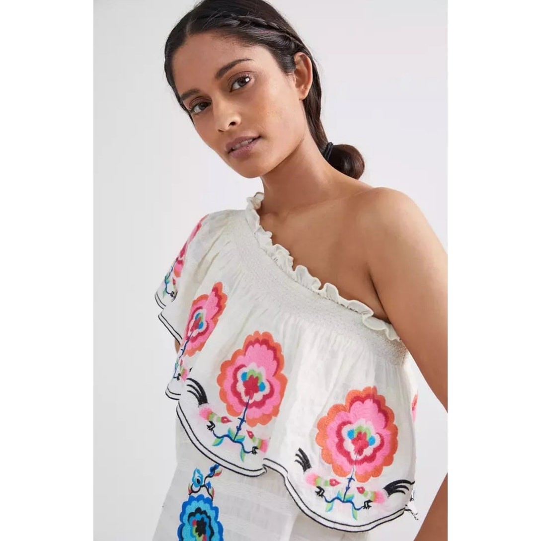 Plenty by Tracy Reese Anthro Embroidered Floral One-Shoulder Midi Dress Boho