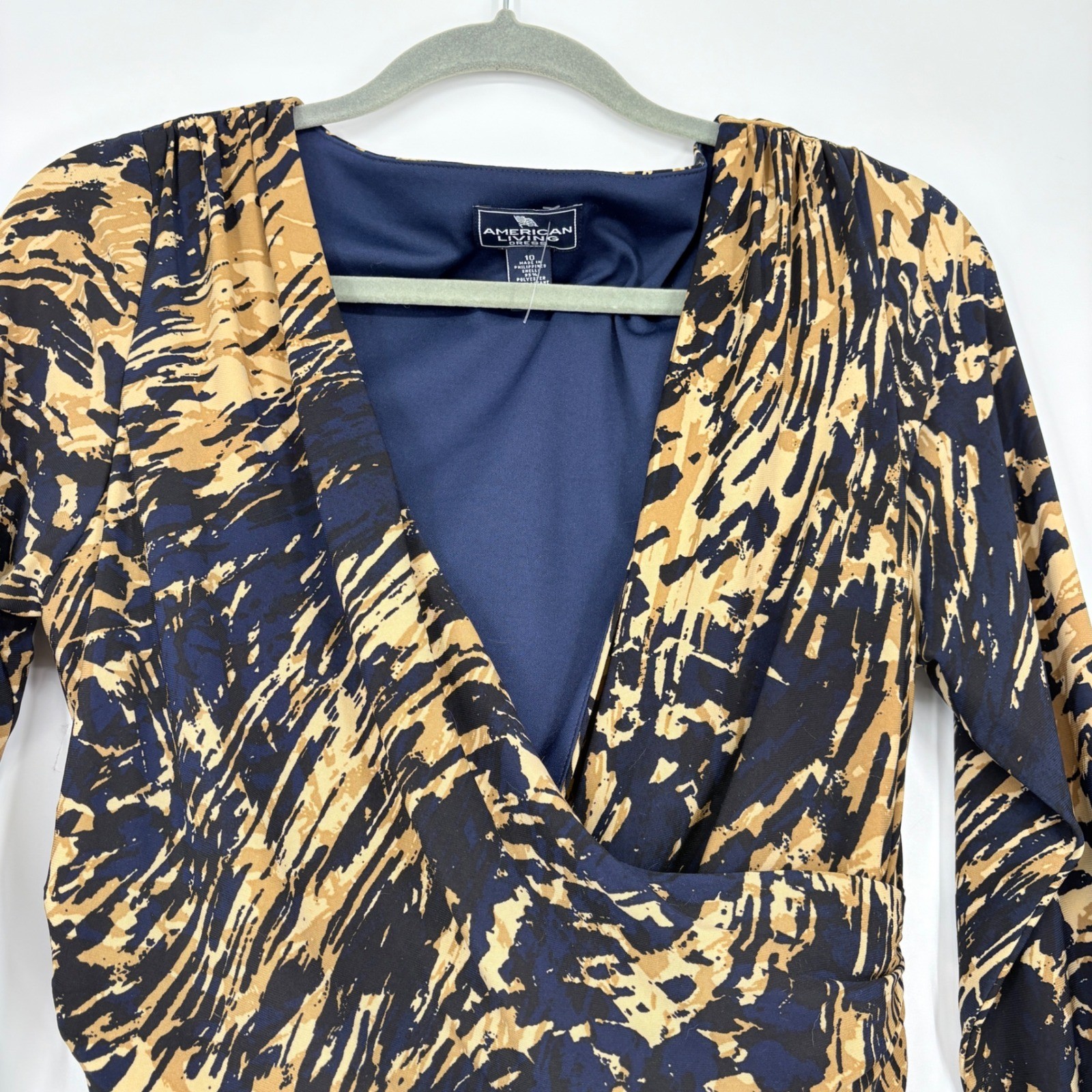 American Living Navy Blue Gold Abstract Print Ruched Faux Wrap Sheath Dress 10