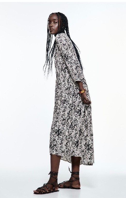 ZARA Printed Dress With Lace Medium M Midi Holiday Assymetric Hem Boho Tunic