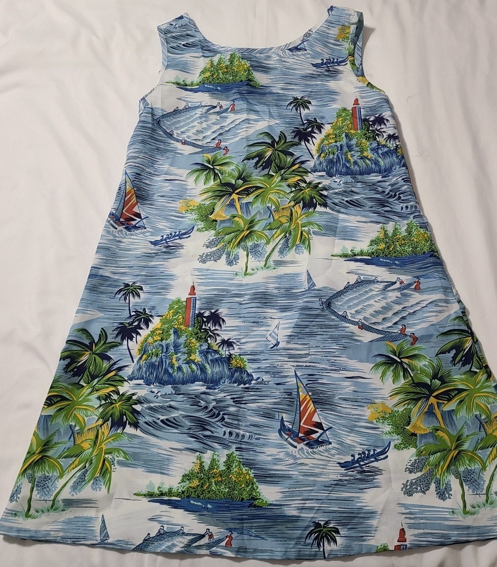 Roundy Bay Tropical Island Print Womens S Blue A-Line Beach Resort Tank Dress