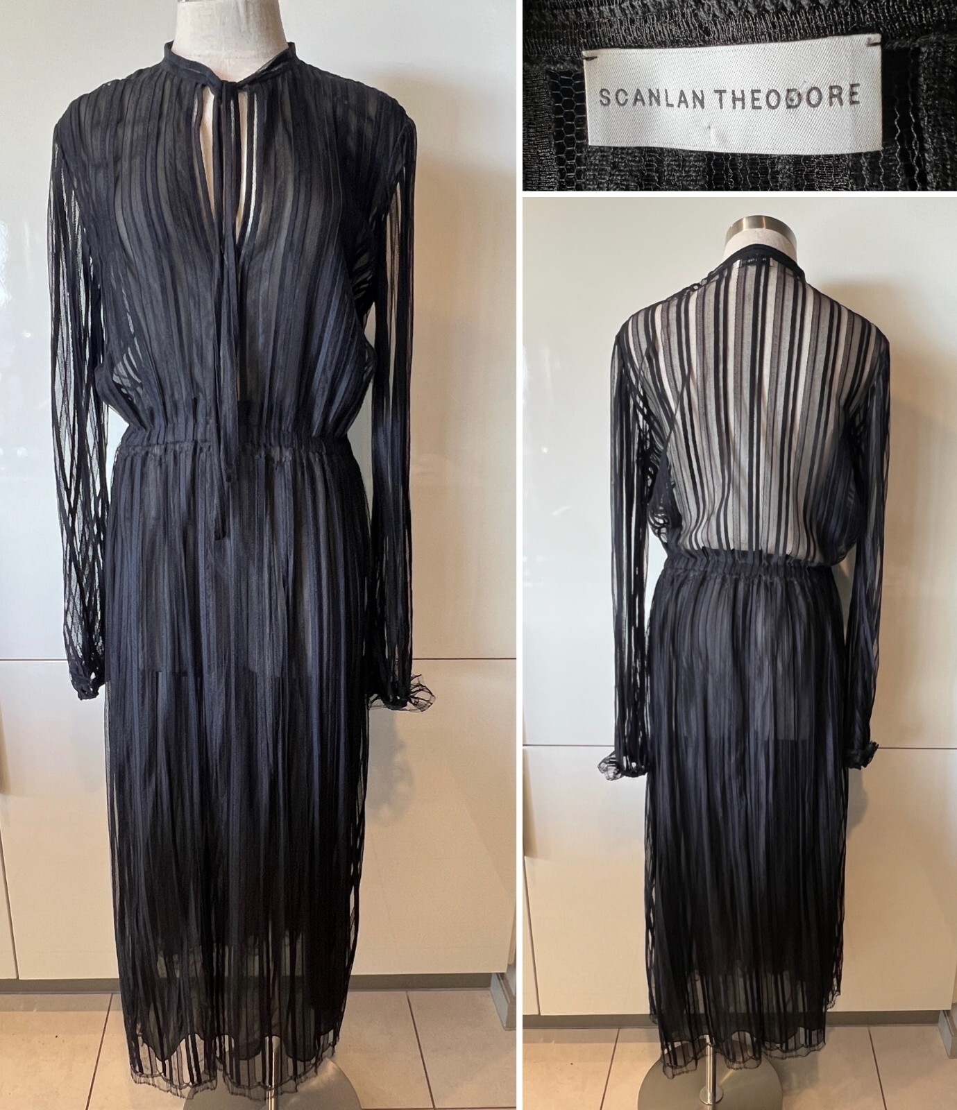 SCANLAN THEODORE Black French Lace, Tie Neck, Midi Dress 10Aust-UK/6US-Excellent