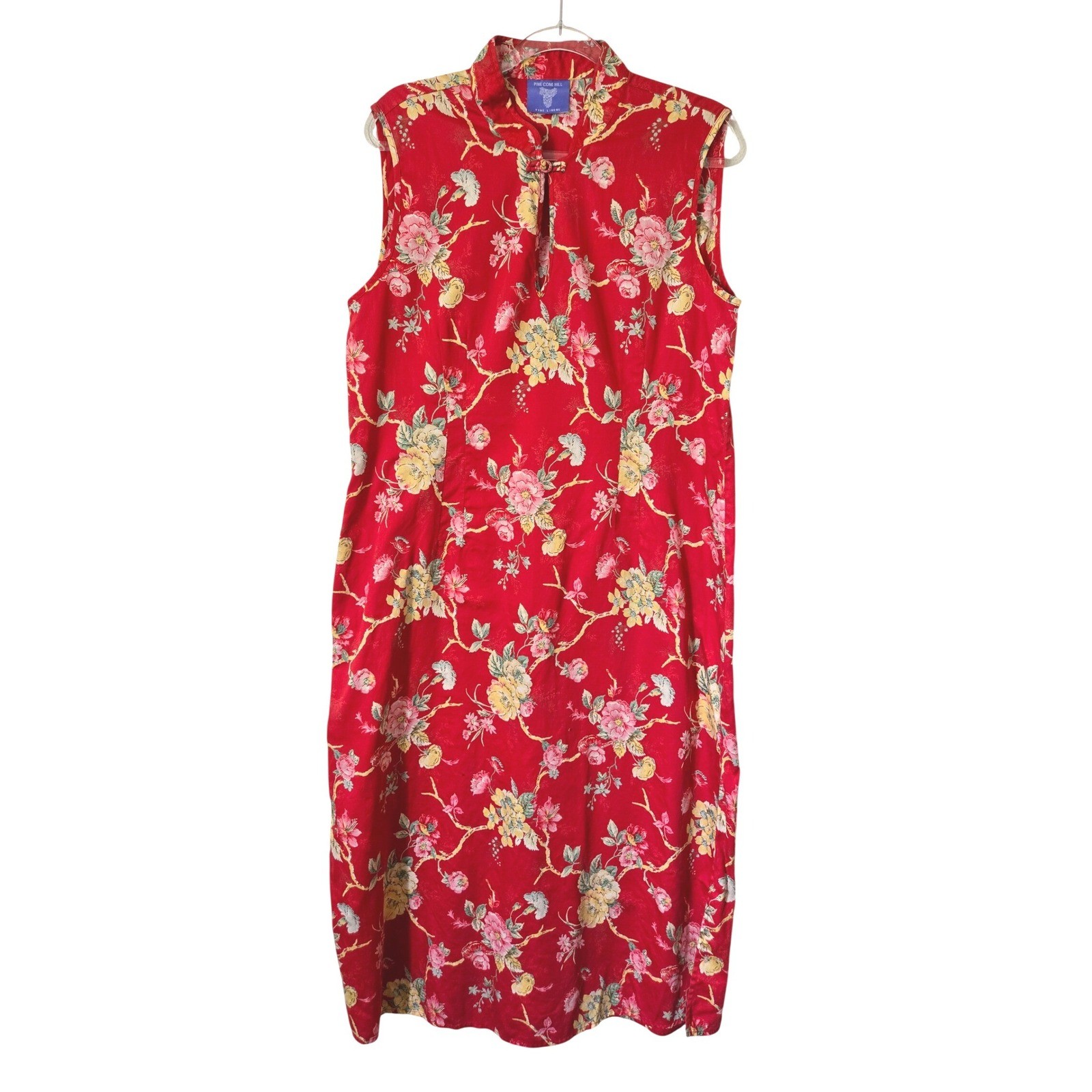 Pine Cone Hill Red Floral 100% Cotton Sleeveless Mandarin Collar Maxi Dress XL