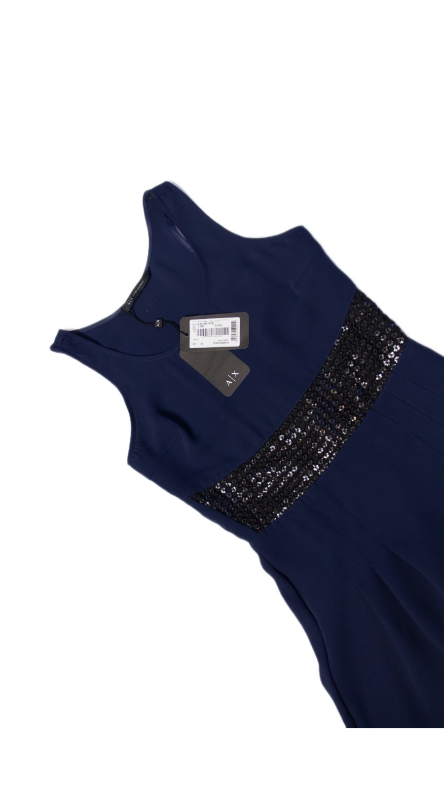 Armani Exchange NWT Navy Blue Cocktail Dress Size 0 Black Sequin Waist Sleeveles