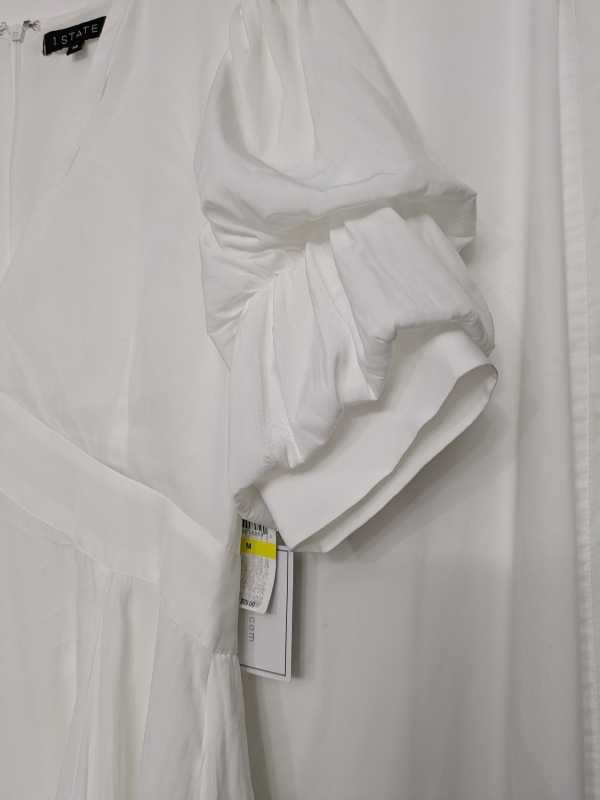 1.STATE White Puff Sleeve Mini Dress M NWT Off Tropic V Neck Hi Low MSRP $89