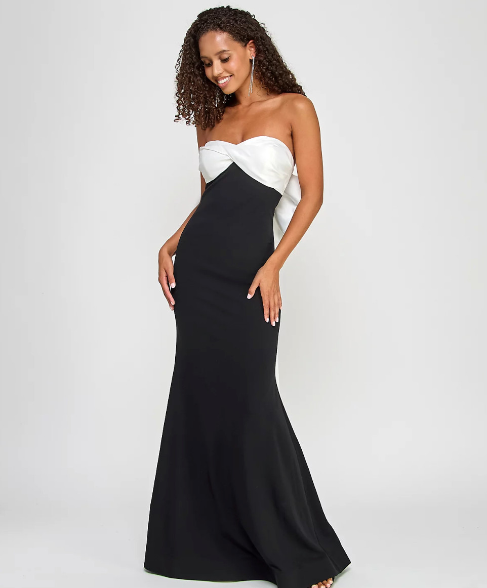 City Studios BLACK/WHITE Juniors Scuba Twisted Back-Bow Gown US 11/12