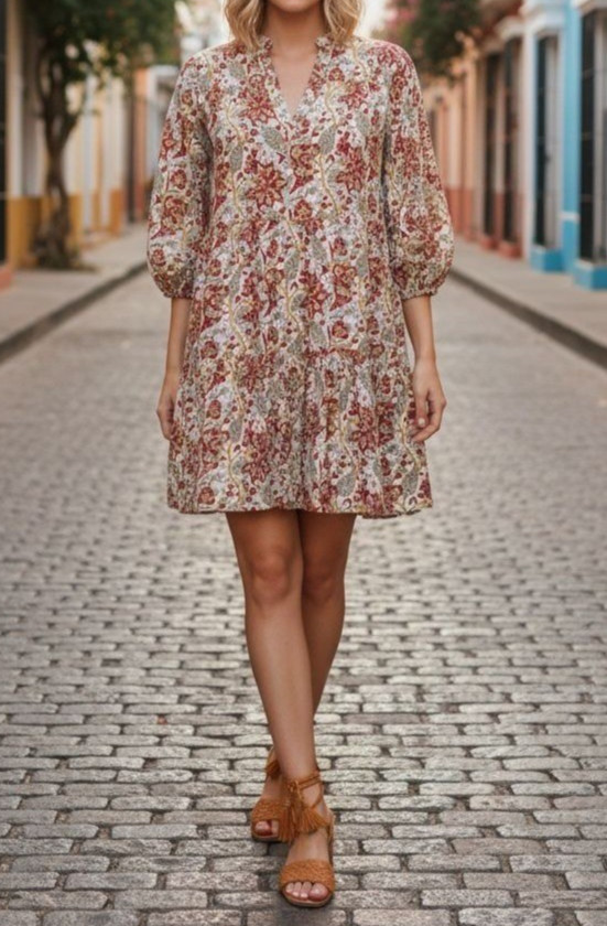 Fitzroy & Willa Floral Block Print Mini Dress Ivory Red Multicolor Floral XS