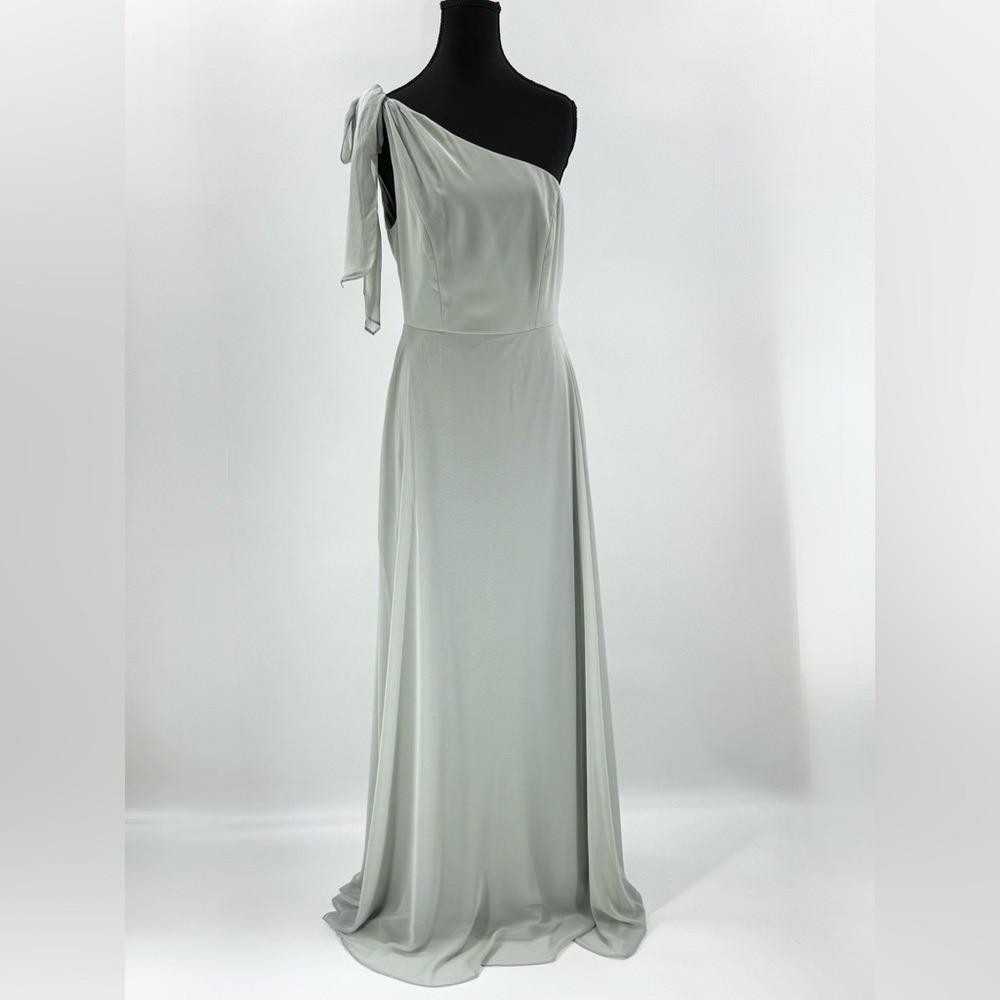 After Six by Dessy Draped 1-Shoulder Maxi Dress w/Scarf Bow, Willow Green Size 2