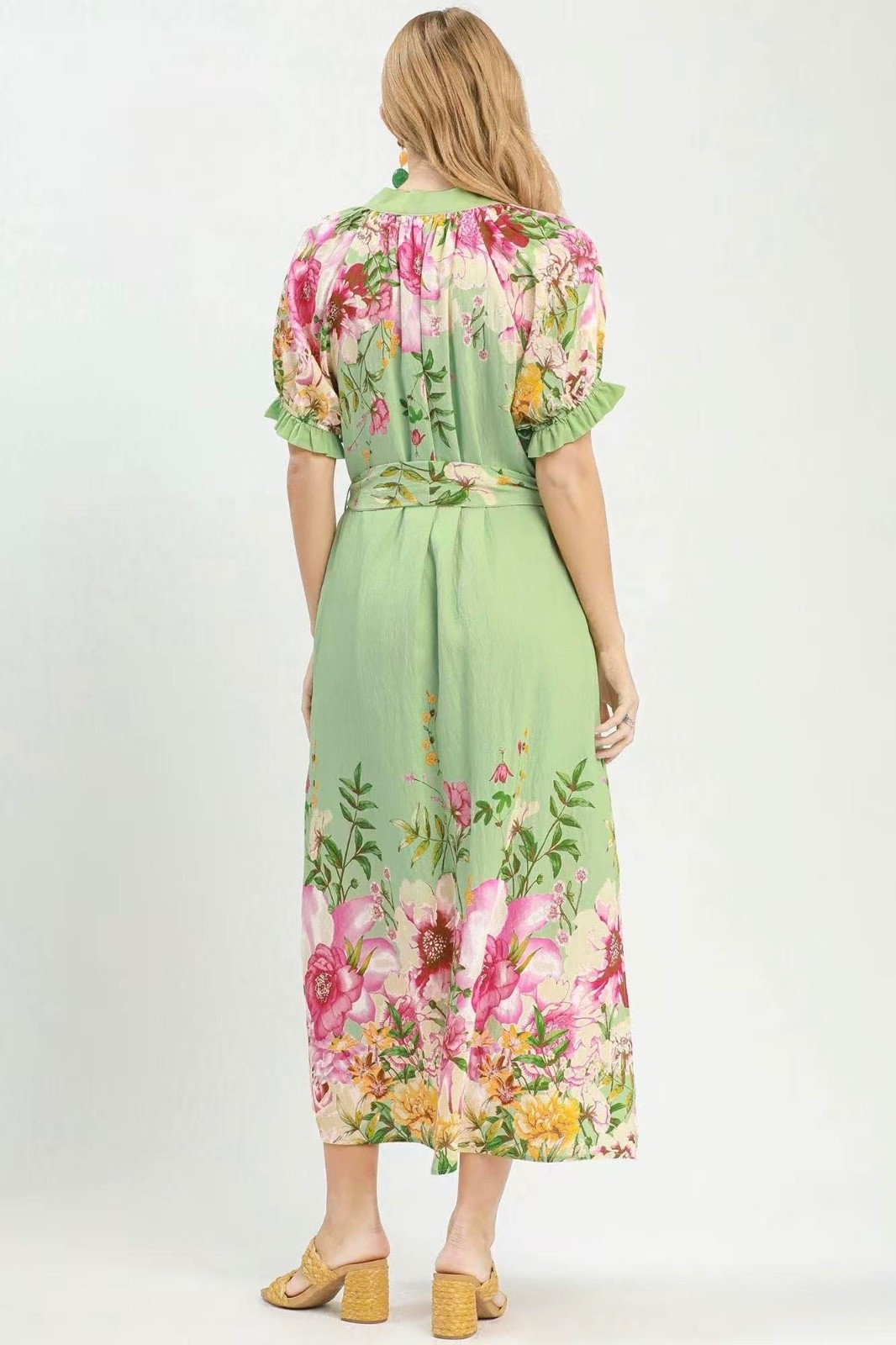 Umgee Floral Border Print Midi Dress Sage Mix Belted Boho Pockets Women’s NWT