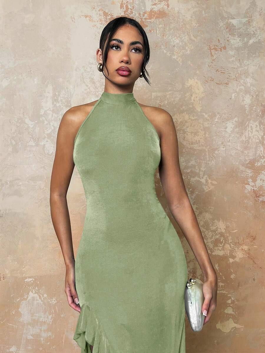 Elegant Halter Maxi Dress Backless Ruffle Bodycon Split Thigh Party Gown