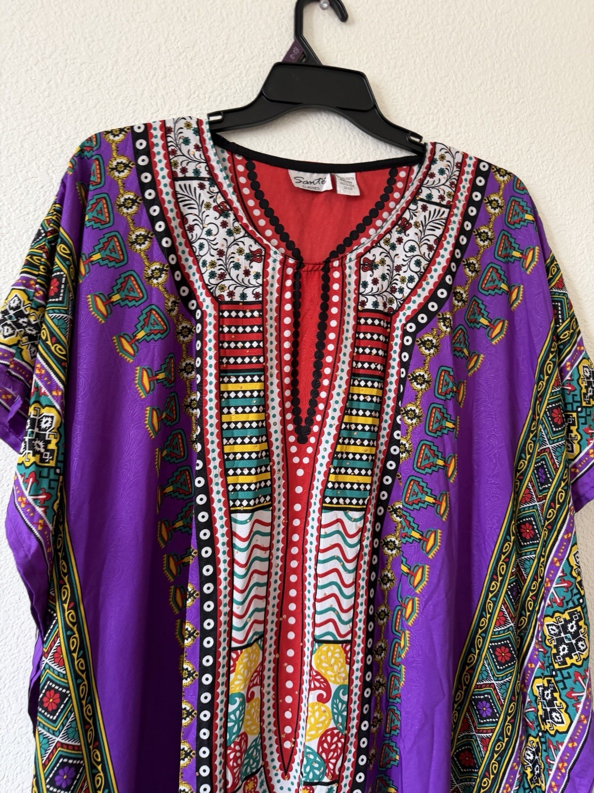 Sante Classics OS Purple Multicolor Kaftan V Neck Boho Print Dress