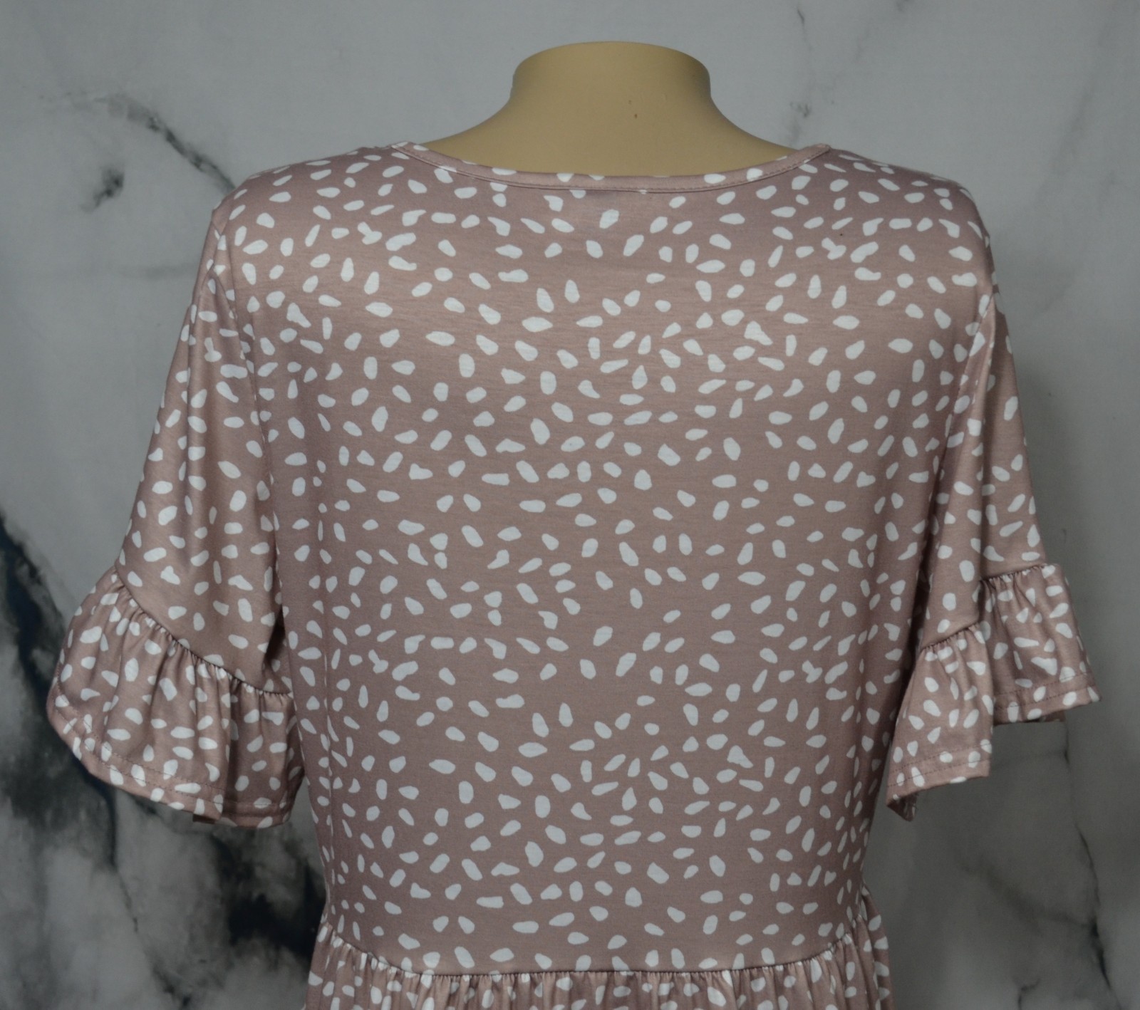 NCLOOK Tan Cream Patterned V Neck Dress Large Side Pockets Ruffled Hem Sleeves