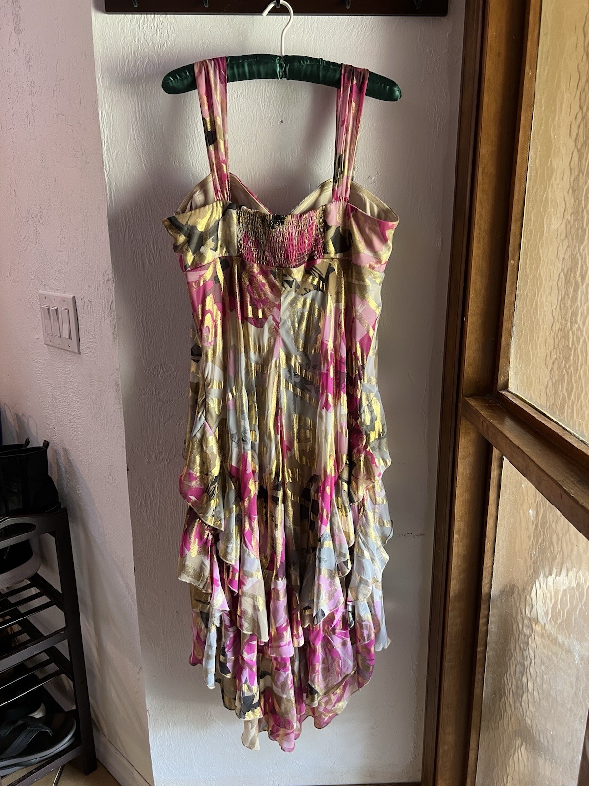 Signature by Robbie Bee A-Line Chiffon Dress 16 Pink/Gold/Gray Floral Beaded