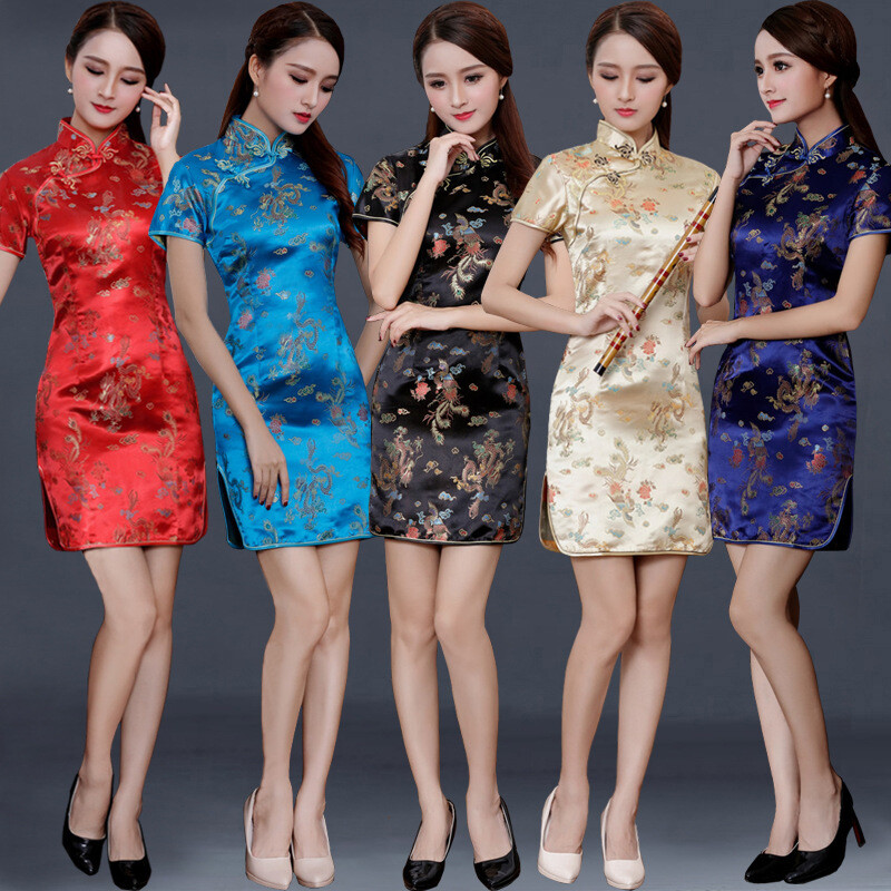 Women Summer Short Qipao Dress Chinese Vintage Silk Satin Cheongsam Party Gown