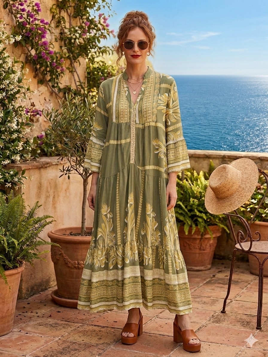 Made in Italy Maxi Midi Dress 3/4 Flared Sleeves Tiered Ruffle Detail One Size