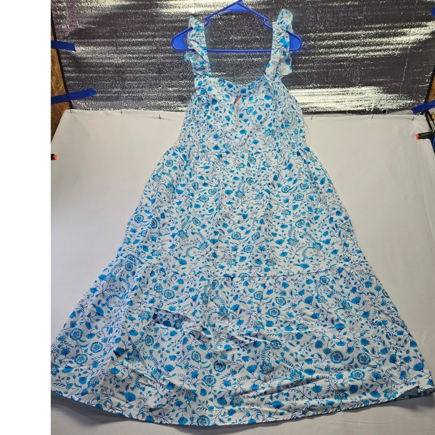 Draper James Blue White Floral Smocked Maxi Dress Ruffle Strap XL New