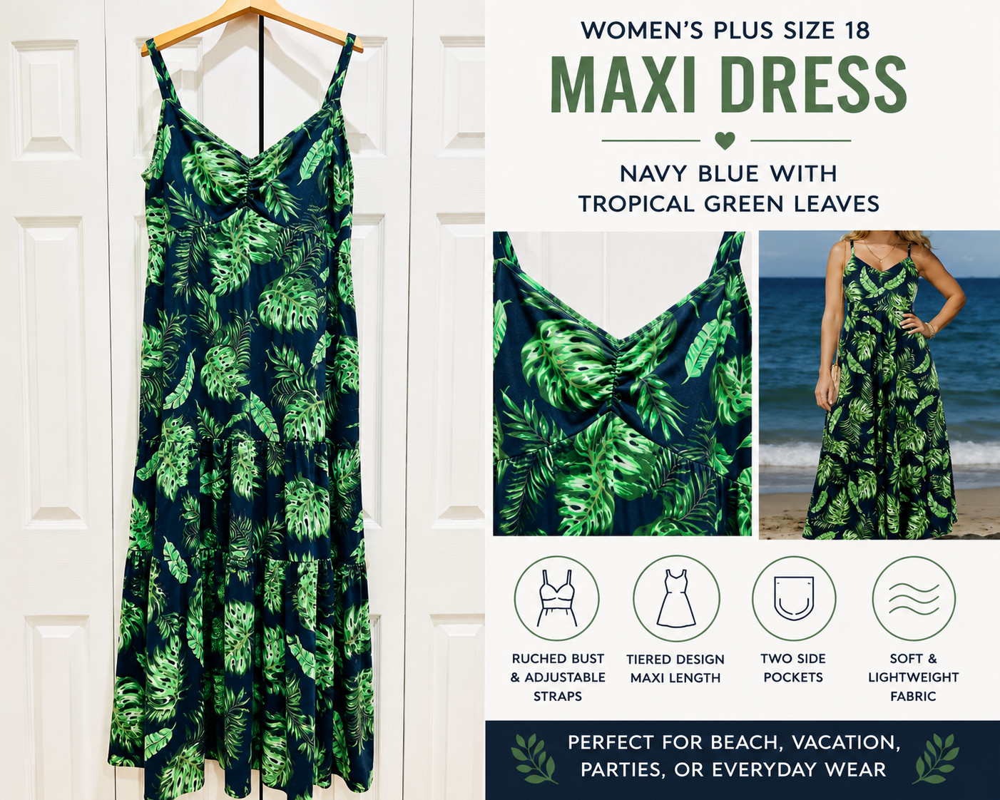 Women’s Plus Size 18 Maxi Dress Navy Blue Tropical Green Palm Leaves EUC Pockets