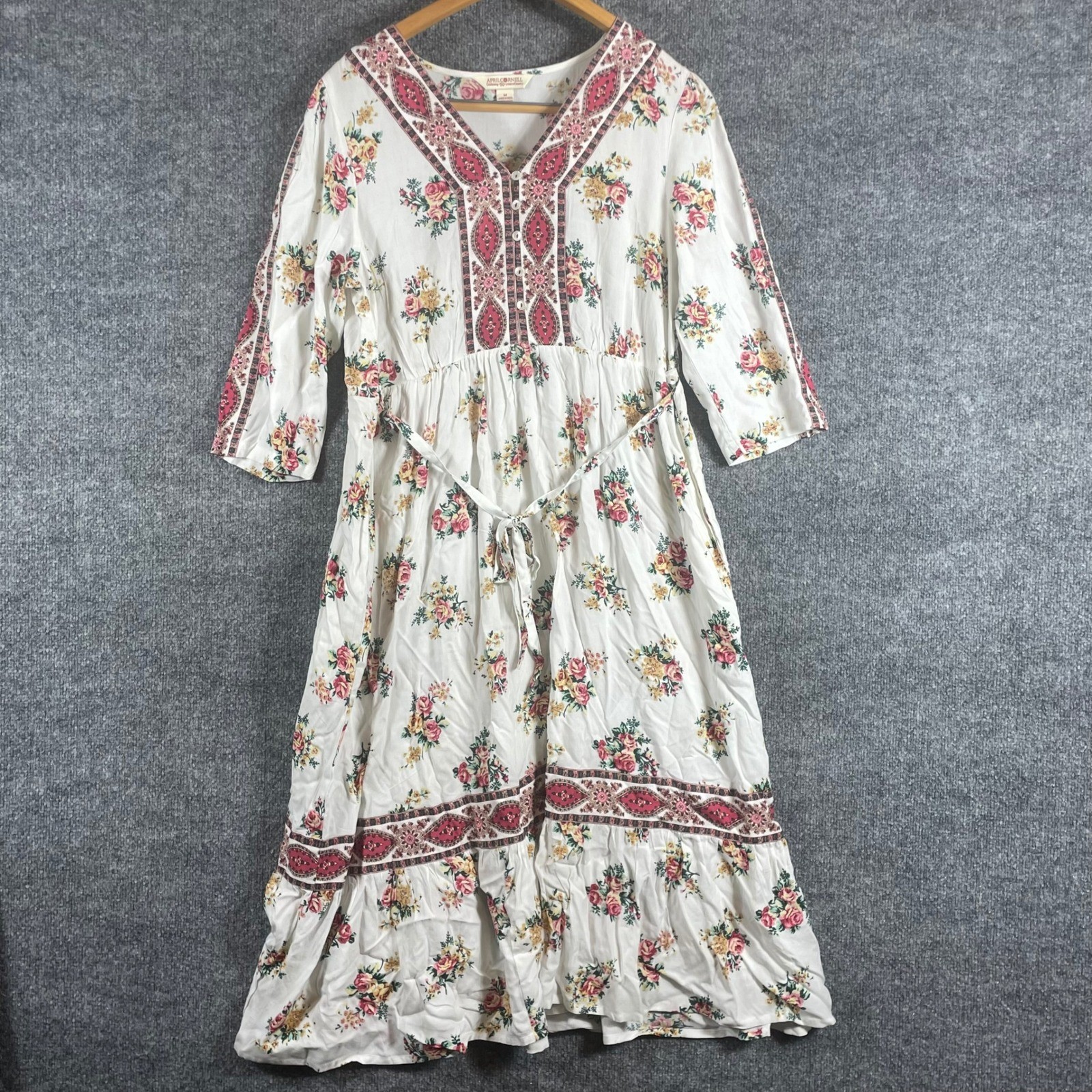 April Cornell Dress Womens M White Floral Boho Midi Embroidered V Neck Belted