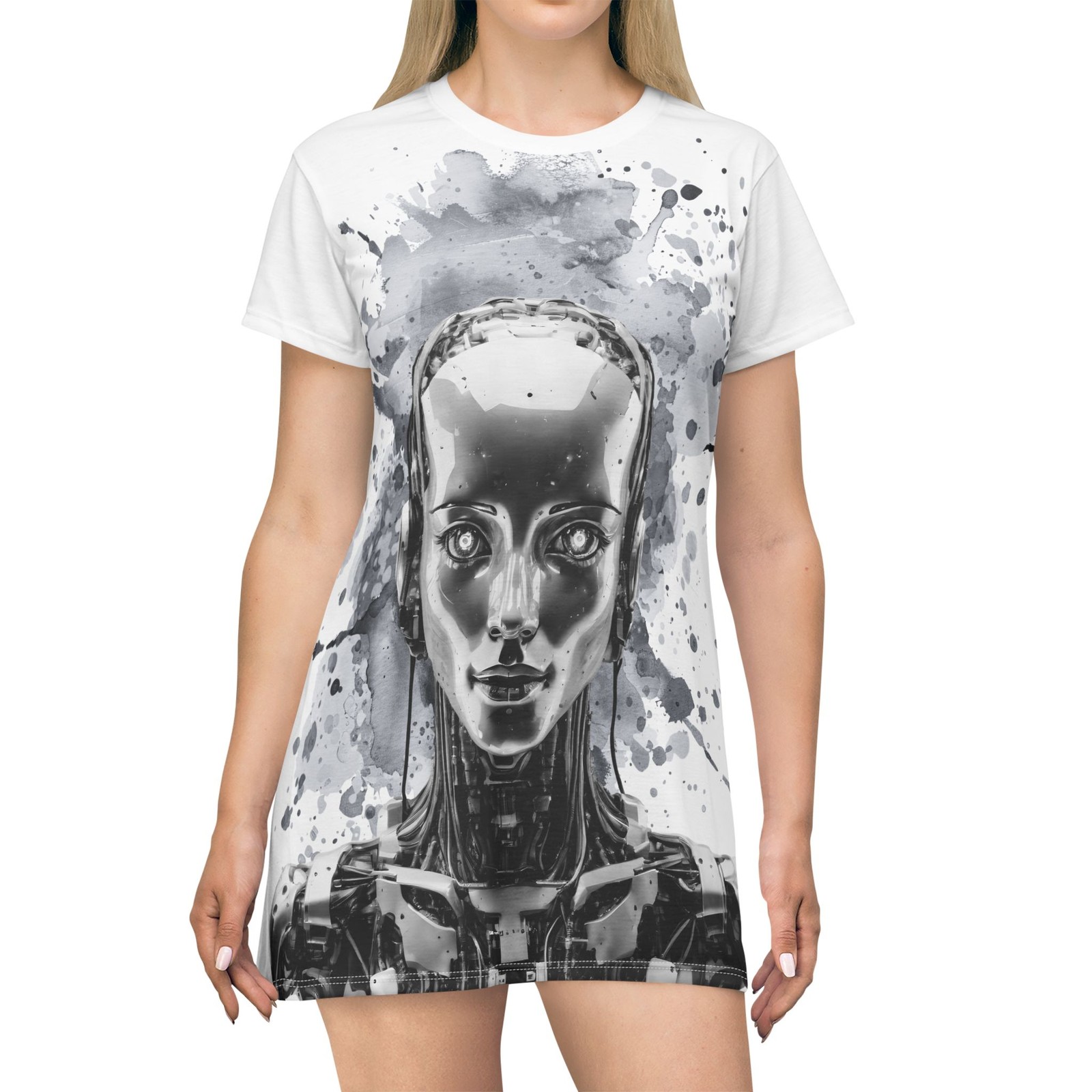 Futuristic Robot Portrait T-Shirt Dress | Android Art AOP, AI Siri, Unique Dress