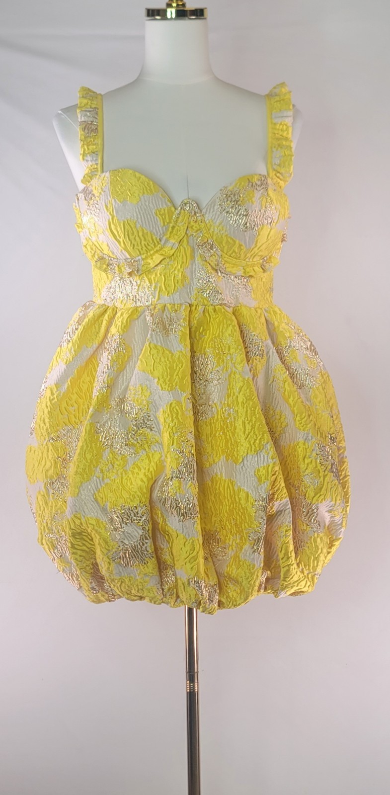 AKIRA NWT Yellow Gold Floral Jacquard Bubble Hem Mini Dress M Corset Party