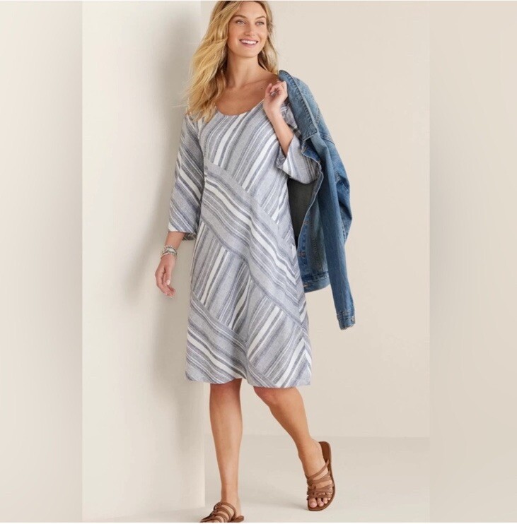 Soft Surroundings Linen Sonya Dress Sz Medium Striped 3/4 Sleeves Coastal 2FV15