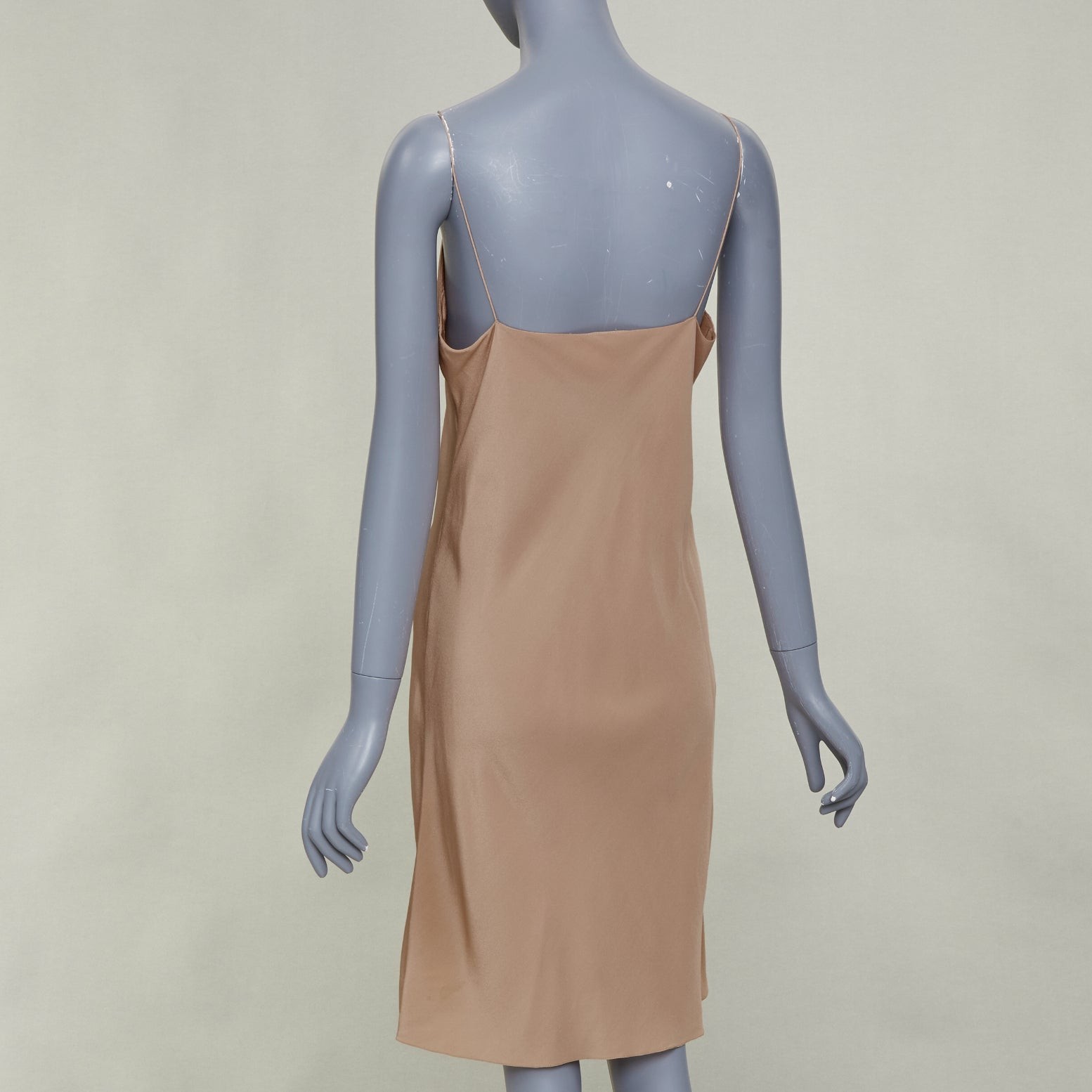 HERMES 100% silk nude spaghetti strap plunging mini slip lining dress FR40 L