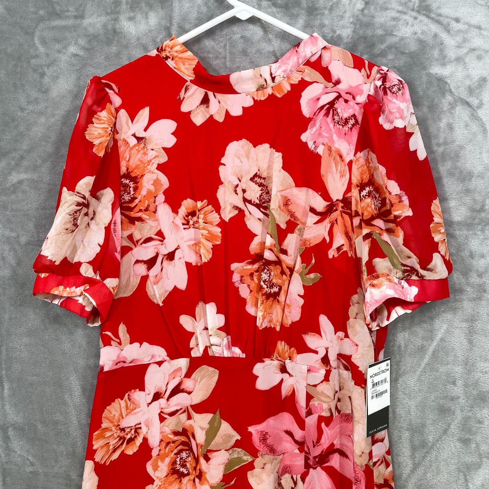 Julia Jordan Floral Print Puff Sleeve Mock Neck Midi Dress Size 12 Red Multi NWT