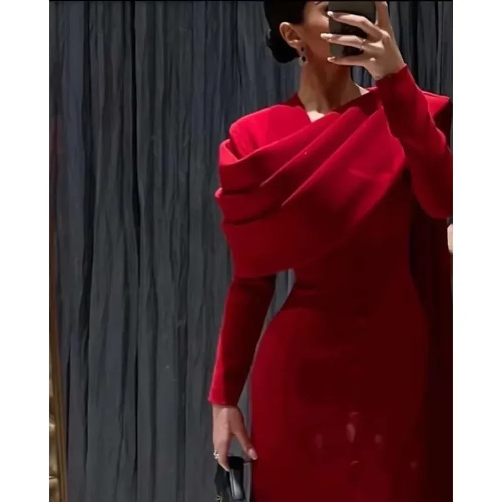 Customized Elegant Red Womens Dresses Long Sleeves Pleated Straight Ankle Length