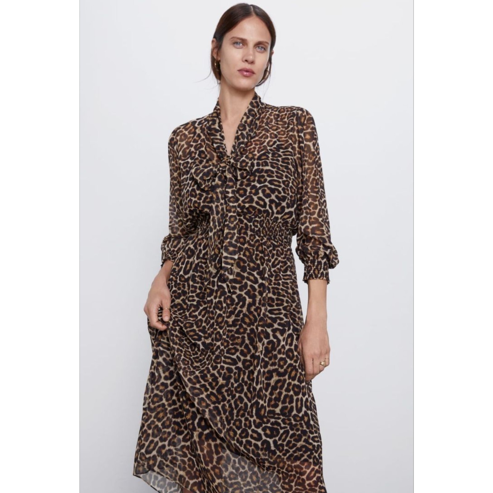 ZARA Cheetah Print Long Dress With Neck Tie Women’s Size XS